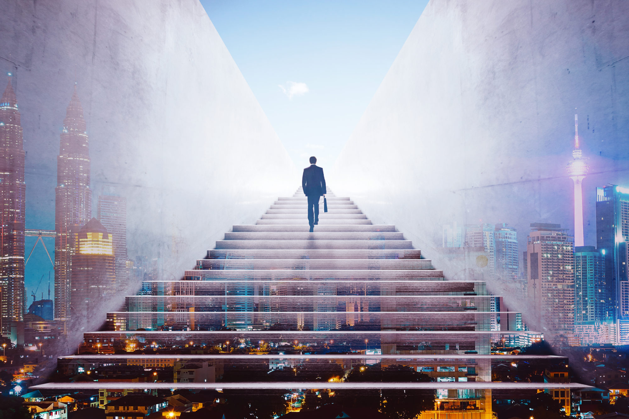 Graphicstock rear view of a businessman climbing stairs to get to a large city center concept of success and appreciation double exposure_HdIPxnwejx